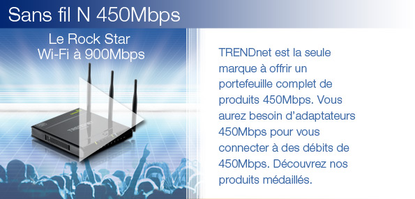 TRENDnet est la seule marque &agrave; offrir un portefeuille complet de produits 450Mbps. Vous aurez besoin d&rsquo;adaptateurs 450Mbps pour vous connecter &agrave; des d&eacute;bits de 450Mbps. D&eacute;couvrez nos produits m&eacute;daill&eacute;s. 