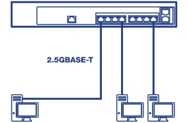 The illustration shows a network switch with three connected computers, with the lines labeled 2.5GBASE-T port.
