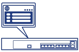 Line art of a Network switch with dashboard management speech bubble.
