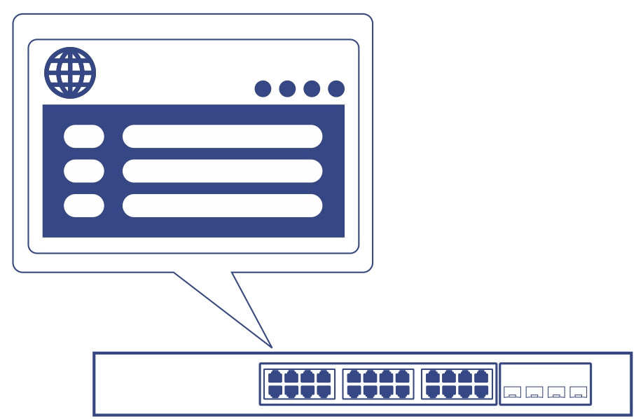 Line art of a Network switch with dashboard management speech bubble.