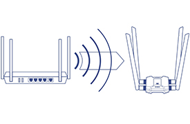 Two Wi-Fi routers facing each other, with one emitting signal waves towards the other, illustrating beamforming, a technique that focuses a wireless signal towards a specific receiving device for improved connection quality.