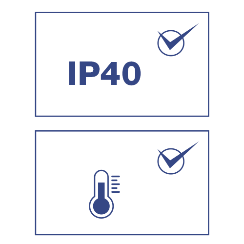 Dois ícones, representando diferentes características ou proteções. Texto IP40: Indica um nível específico de proteção de ingresso (IP) contra poeira e água. Termômetro: Significa resistência à temperatura.
