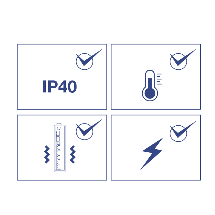 Imagem em linha com quatro símbolos representando IP40, vibração, choque elétrico e temperatura.