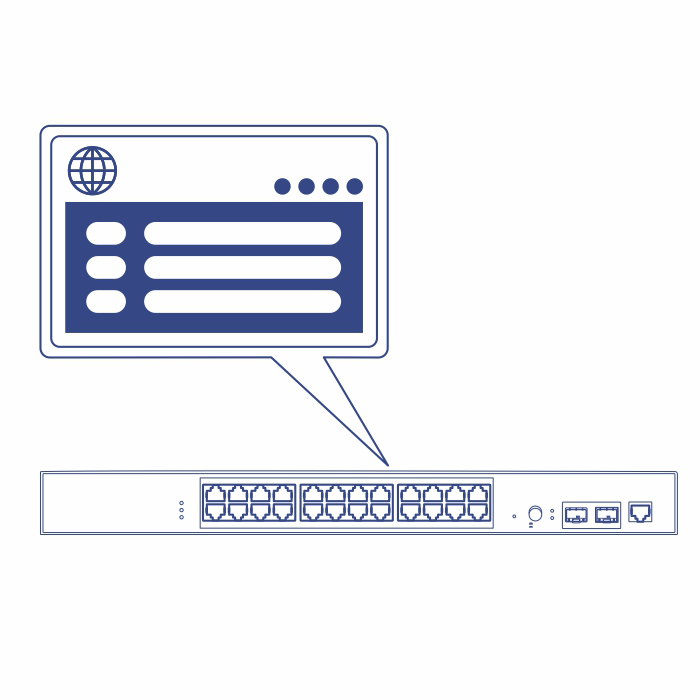 Imagem em linha do TI-RP262i 26-Port Industrial Gigabit L2 Managed PoE+ Rackmount Switch e um balão de fala mostrando uma tela com uma representação de sua interface de gerenciamento web.