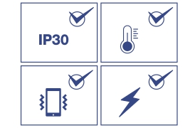 Line art image of TI-UPG62 6-Port Hardened Industrial Gigabit PoE++ DIN-Rail Switch depicting IP30 rated with icons representing resistance to a high degree of vibration and shock, protection against ESD/EMI/surge, and a wide operating temperature range