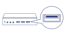 O diagrama mostra um dispositivo com várias portas em seu painel frontal, destacando uma porta USB entre outras portas circulares e retangulares. Uma visão ampliada da porta USB destacada é exibida no lado direito, enfatizando sua forma e design. O diagrama ilustra a porta específica para conectar dispositivos USB.