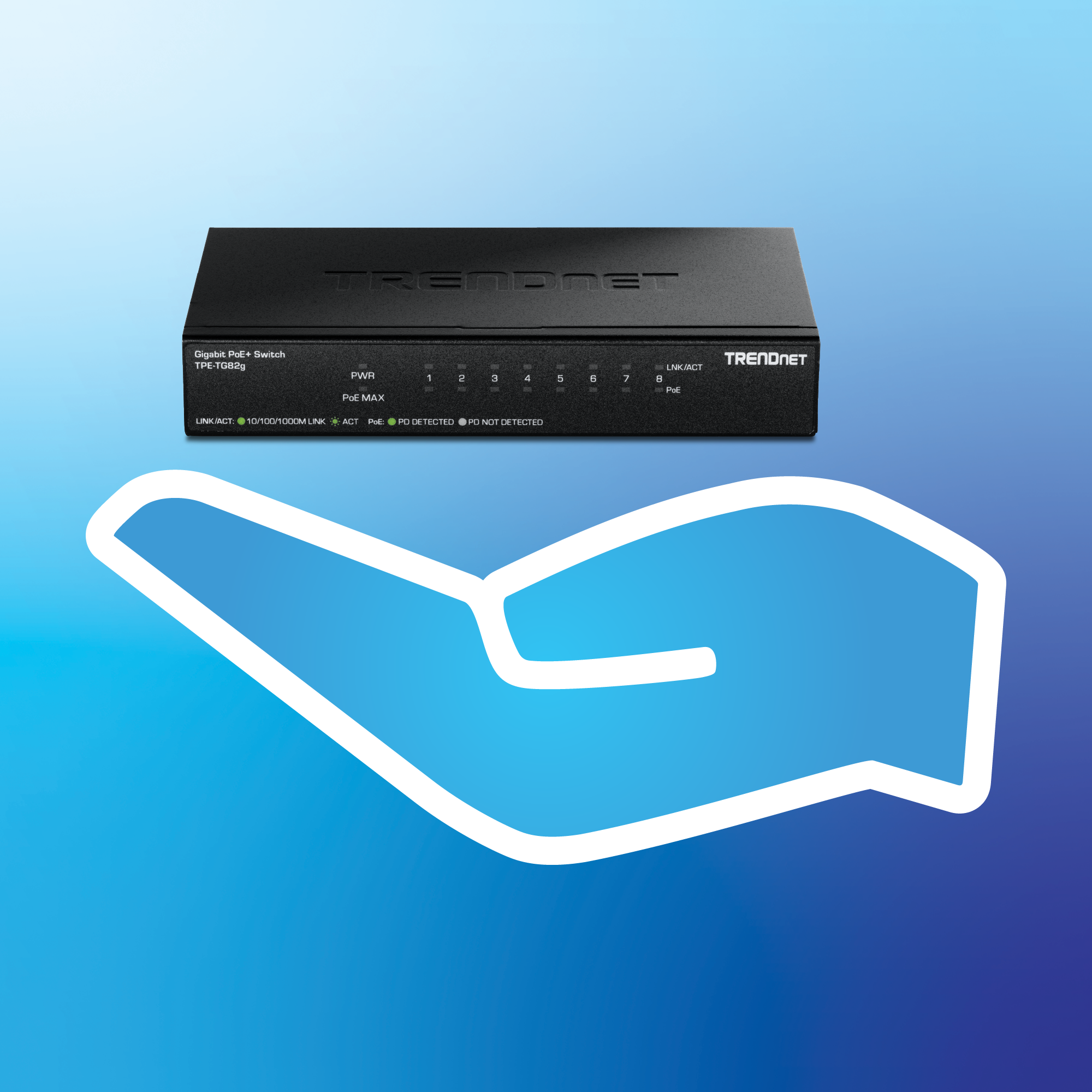 Kompakter Gigabit-PoE+-Switch mit acht Ports, der über einer stilisierten Handumrisse gezeigt wird, was auf geringe Größe und einfache Platzierung hinweist.