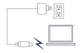 A diagram shows a laptop connected to a power outlet through a charger, with a lightning bolt symbol indicating the flow of electricity from the charger to the laptop.