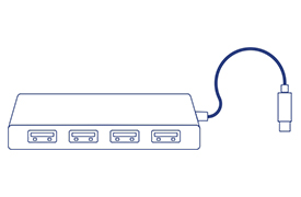 A USB-C to 4-Port USB 3.0 Hub with Power Delivery shows four identical USB ports on its front side. It is connected to a cable on the right side, featuring a connector at the end. The device is designed to connect multiple peripherals to a single USB-C port.