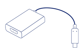 A USB-C to HDMI Adapter with Power Delivery shows an electronic device with a rectangular body connected to a cable. One end of the cable has a USB Type-C connector, while the rectangular body features an HDMI port, indicating it's used to connect HDMI devices to USB Type-C ports.