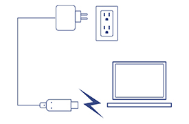 A diagram shows a laptop connected to a power outlet through a charger, with a lightning bolt symbol indicating the flow of electricity from the charger to the laptop.