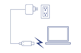A diagram shows a laptop connected to a power outlet through a charger, with a lightning bolt symbol indicating the flow of electricity from the charger to the laptop.