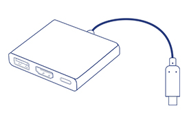 The illustration shows a USB-C to HDMI adapter with Power Delivery and a USB 3.0 port. It has a short cable with a USB-C plug and three ports: USB 3.0, HDMI, and USB-C with Power Delivery.