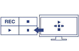 A user interface for a recording and playback system has buttons on the left side labeled REC, stop, play, and pause. An arrow points from these buttons to a monitor on the right side, which displays directional controls for navigating through recorded content. The interface is designed to be intuitive, allowing users to easily manage live view preferences, recording schedules, and advanced playback options.