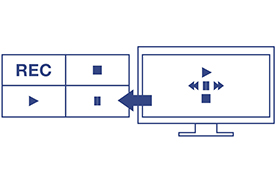A user interface for a recording and playback system has buttons on the left side labeled REC, stop, play, and pause. An arrow points from these buttons to a monitor on the right side, which displays directional controls for navigating through recorded content. The interface is designed to be intuitive, allowing users to easily manage live view preferences, recording schedules, and advanced playback options.