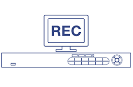 The illustration shows a computer monitor displaying REC in bold letters, with a network video recorder (NVR) positioned below it. The NVR has multiple ports and connectors for audio, video, USB, network, and power connections, indicating an active security and surveillance recording setup.