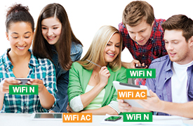 A group of five people, each using various electronic devices with labels indicating WiFi N or WiFi AC, promoting WiFi for all.