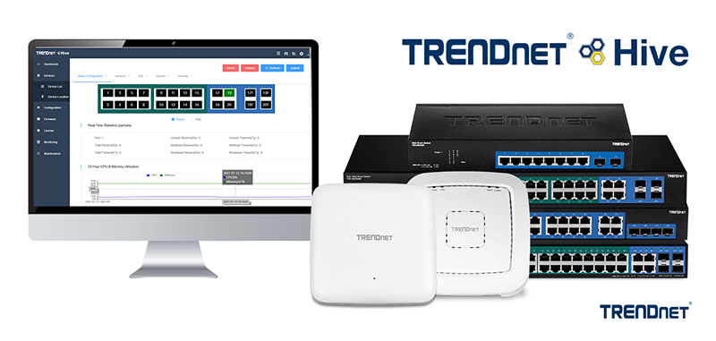 Prévia da interface do usuário TRENDnet Hive em PC e celular com modelos compatíveis