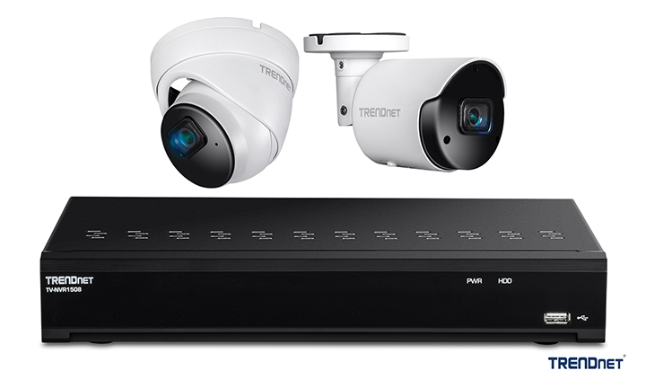 Image of Indoor/Outdoor 5MP H.265 WDR PoE IR Bullet Network Cameras (TV-IP1514PI and TV-IP1515PI), and the 8-Channel H.265 4K PoE NVR (TV-NVR1508) that are both TAA and NDAA compliant. TAA and NDAA compliance allow these TRENDnet cameras and NVR to be used for federal government projects (in the US and other parts of the world).
