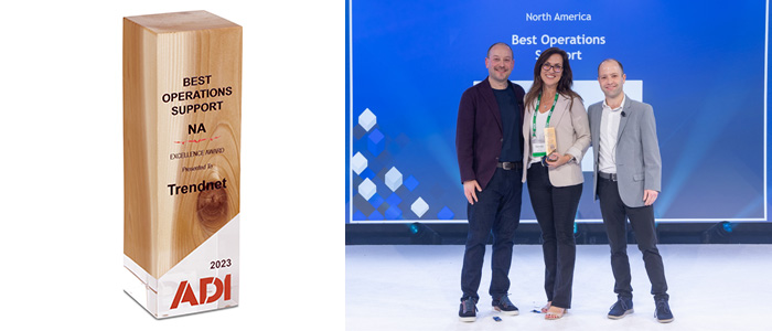The image shows Denise Shaw, director of sales, North America at TRENDnet accepting the award for Best Operations Support, awarded at the recent ADI Kickoff event for TRENDnet's commitment to excellence and innovation in providing top-notch operational support to its customers, partners, and stakeholders.