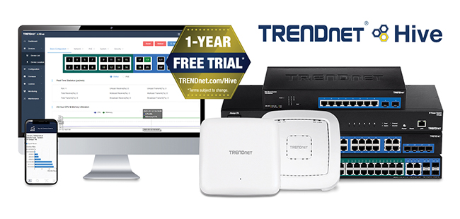 The image shows TRENDnet and Hive networking devices, including a router, switch, and an antenna. A monitor displays network management options. Above the devices are logos for TRENDnet and Hive, and an award badge for “REMOTE TECH BREAKTHROUGH AWARD 2024” for “OVERALL IT MANAGEMENT PLATFORM OF THE YEAR.”