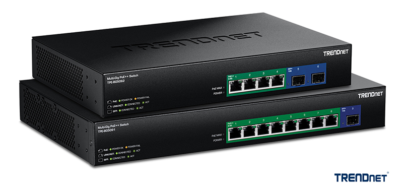 TRENDnet Multi-Gig PoE+ Switches, model numbers TPE-BG5062 and TPE-BG5091, are stacked. Each switch has ports on the front panel, with six on the top switch and nine on the bottom switch. The ports are labeled with numbers and have indicator lights for PoE Max, Power, Link/Act, and Connected. The TRENDnet logo is on the top right corner of each switch, with the brand name displayed in the bottom right corner. The switches also have ventilation holes on the sides.