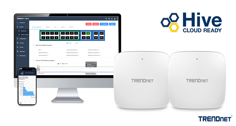 Promotional display for TRENDnet Hive Cloud Ready network management system featuring a monitor with the Hive dashboard showing device status and performance metrics, a smartphone with network usage analytics, and two TRENDnet wireless access points with visible branding.