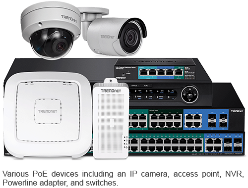 PoE devices (camera, access point, NVR, Powerline adapter, switches)