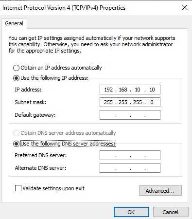 Manually enter IP address and subnet mask