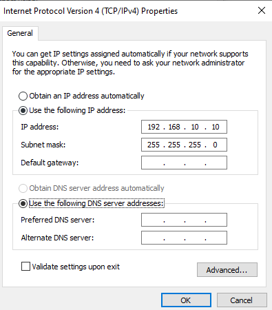 Ingrese manualmente la dirección IP y la máscara de subred