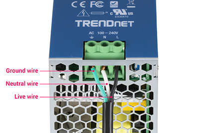 Image 03: Bottom of power supply (AC input) with Live (black or other color), Neutral (white), and Ground (green or copper) wires connected. [Label wires.]