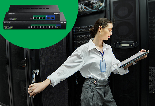 Female IT admin in a server room with a call out for TRENDnet GaN switches