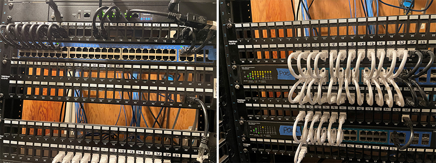 Se muestran dos racks de servidores de red uno al lado del otro, cada uno con paneles de conexión, conmutadores y cables Ethernet perfectamente dispuestos. El rack izquierdo usa cables negros y el derecho usa blanco, ambos organizados con anillos de administración de cables y puertos etiquetados, lo que indica una configuración de TI estructurada.