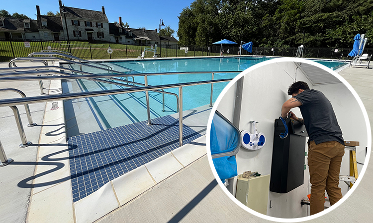 A black dog with white markings sits on a concrete floor beside stacked TRENDnet networking equipment boxes and cable ties, suggesting a network upgrade. Adjacent is a close-up of a network rack with organized patch panels and switches, where white Ethernet cables are neatly bundled and labeled, highlighting a professional installation.