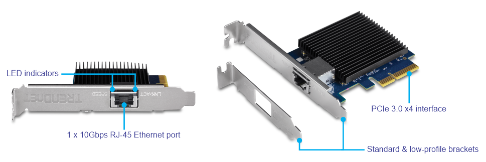 A network interface card (NIC) with various labeled components. The left side of the NIC highlights the LED indicators and the 10Gbps RJ-45 Ethernet slot. The right side shows additional components, including a PCIe 3.0 x4 interface, a standard bracket, and a low-profile bracket.