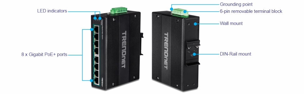 Multiple views of an 8-Port Industrial Gigabit PoE+ DIN-Rail Switch. The left view features eight vertically aligned Gigabit PoE+ ports with LED indicators. The right view highlights several components, including a grounding point at the top, a 6-pin removable terminal block adjacent to the grounding point, a wall mount on the side, and a DIN-Rail mount below the wall mount. Designed for network connectivity and mounting flexibility.