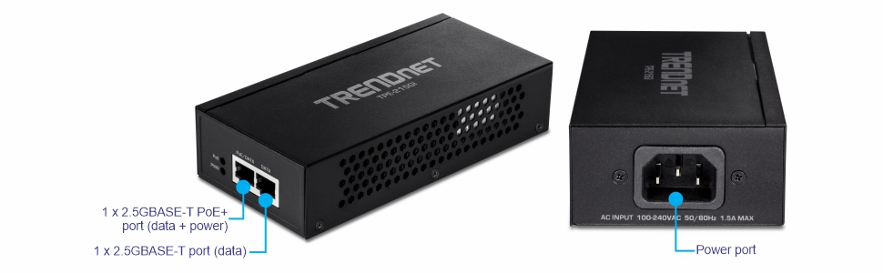 The illustration shows a TRENDnet device with two views: a front view displaying two ports and a small button. The first port is labeled as 1 x 2.5GBASE-T PoE+ port (data and power), and the second port is labeled as 1 x 2.5GBASE-T port (data). The rear view shows a power port labeled Power port, with accompanying text indicating AC INPUT 100-240V AC 50/60Hz 1.5A MAX. The device has a black casing with ventilation holes on the side and the TRENDnet logo on top.