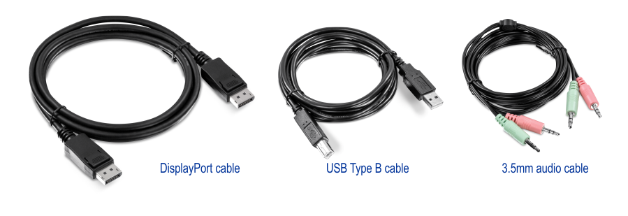 The visual shows three different types of cables arranged side by side. From left to right, the first cable is labeled DisplayPort cable and features a DisplayPort connector. The second cable is labeled USB Type B cable and has a USB Type B connector on one end and a standard USB connector on the other end. The third cable is labeled 3.5mm audio cable and includes two 3.5mm audio connectors, one green and one pink. The cables are coiled neatly, and each type of cable is clearly labeled in blue text below the respective cable.