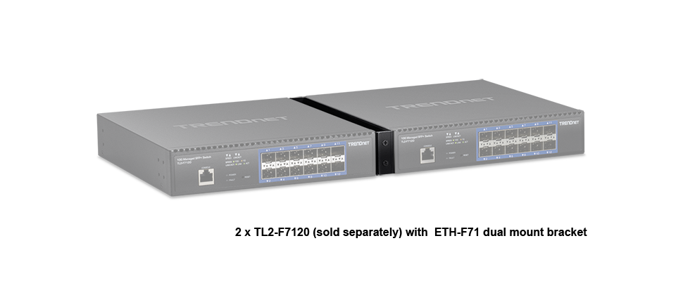 Two TRENDnet TL2-F7120 fiber switches mounted side by side using an ETH-F71 dual mount bracket. Each switch has multiple fiber ports and an Ethernet port on the front panel.