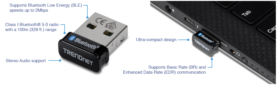 Adaptateur USB Micro Bluetooth 5.0 avec BR/EDR/BLE - TRENDnet TBW