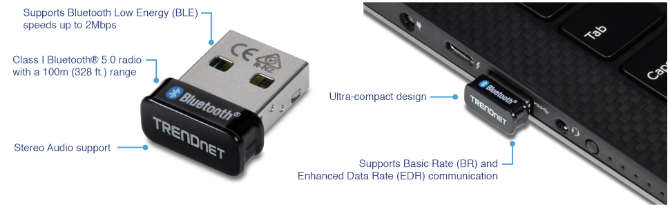 A TRENDnet Bluetooth USB adapter plugged into a laptop. The adapter supports Bluetooth Low Energy (BLE) with speeds up to 2Mbps, Class I Bluetooth 5.0 radio with a 100-meter (328 feet) range, stereo audio support, and an ultra-compact design. It also supports Basic Rate (BR) and Enhanced Data Rate (EDR) communication.