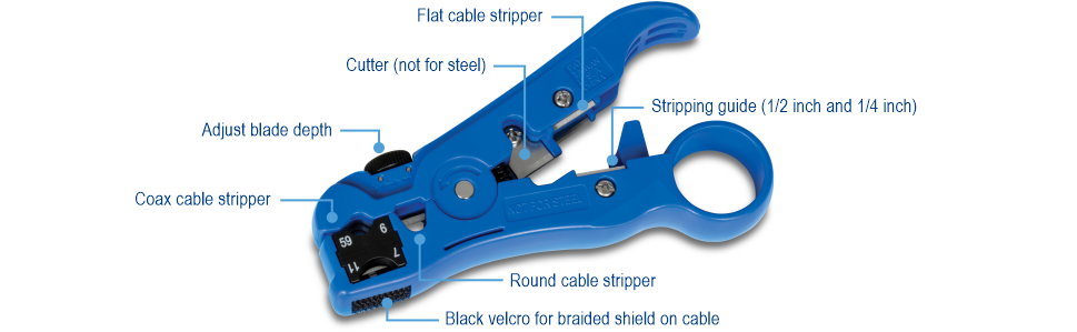 TC-CT70 Universal Stripping Tool, The tool includes a flat cable stripper, a cutter (not for steel), a stripping guide (1/2 inch and 1/4 inch), a round cable stripper, black velcro for braided shield on cable, a coax cable stripper, and an adjust blade depth feature. This detailed overview highlights the tool's various functionalities for accurate cable stripping.