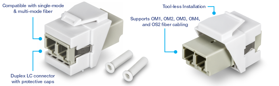 A 5-pack of TRENDnet TC-K05LC LC Duplex Fiber Optic Keystone Coupler Jacks. Each jack features a Duplex LC connector with protective caps and supports single-mode and multi-mode fiber. The coupler jacks are designed for easy, tool-less installation and are compatible with OM1, OM2, OM3, OM4, and OS2 fiber cabling.