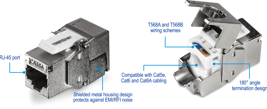 Un paquete de 6 conectores Keystone Cat6A blindados TRENDnet TC-K06C6A. Cada conector Keystone cuenta con un puerto RJ-45 y un diseño de carcasa metálica blindada que protege contra el ruido EMI/RFI. Son compatibles con el cableado Cat5e, Cat6 y Cat6A y admiten los esquemas de cableado T568A y T568B. Los gatos también tienen un diseño de terminación en ángulo de 180° para una fácil instalación.