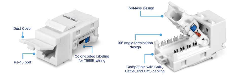 La imagen muestra un conector Keystone TC-K25C6 Cat6. Cuenta con una cubierta antipolvo, un puerto RJ-45, etiquetado codificado por colores para el cableado T568B, un diseño sin herramientas y un diseño de terminación en ángulo de 90°. Es compatible con el cableado Cat5, Cat5e y Cat6. La imagen muestra el conector trapezoidal con la cubierta antipolvo cerrada y abierta, revelando los componentes internos.