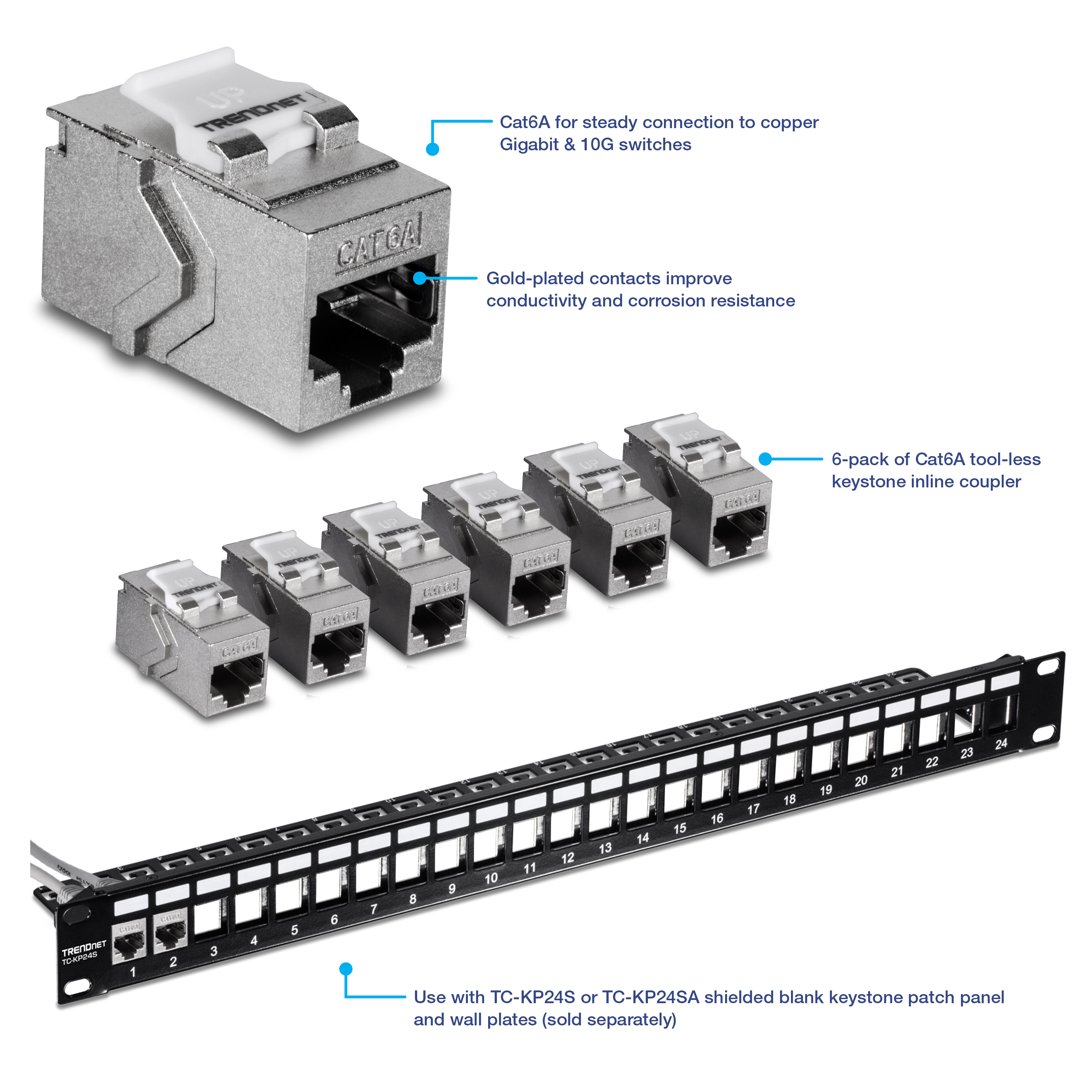 A 6-pack of Cat6A tool-less keystone inline couplers (model TC-KC06C6A) and a keystone patch panel. The couplers are designed for steady connections to copper Gigabit and 10G switches, featuring gold-plated contacts to improve conductivity and corrosion resistance. The patch panel is compatible with TC-KP24S or TC-KP24SA shielded blank keystone patch panels and wall plates, which are sold separately.