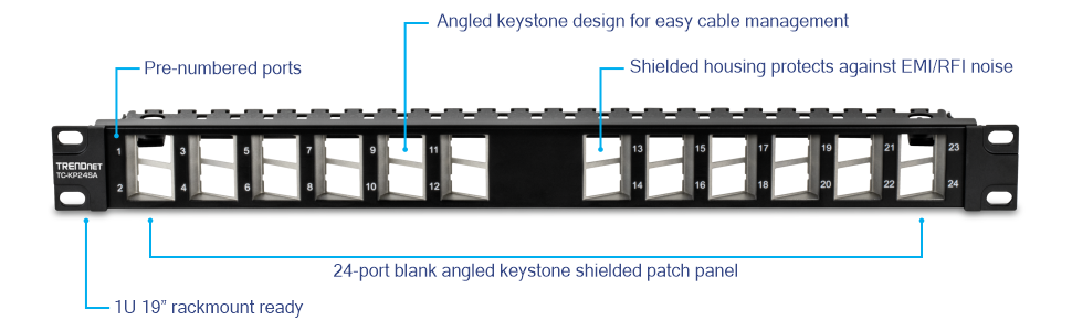 TRENDnet TC-KP24SA 24-Port Blank Angled Keystone Shielded 1U Patch Panel. The patch panel is designed for easy cable management and is 1U 19in. rackmount ready. It features pre-numbered ports for organization, an angled keystone design, and shielded housing to protect against EMI/RFI noise. The panel has 24 blank angled keystone shielded ports.
