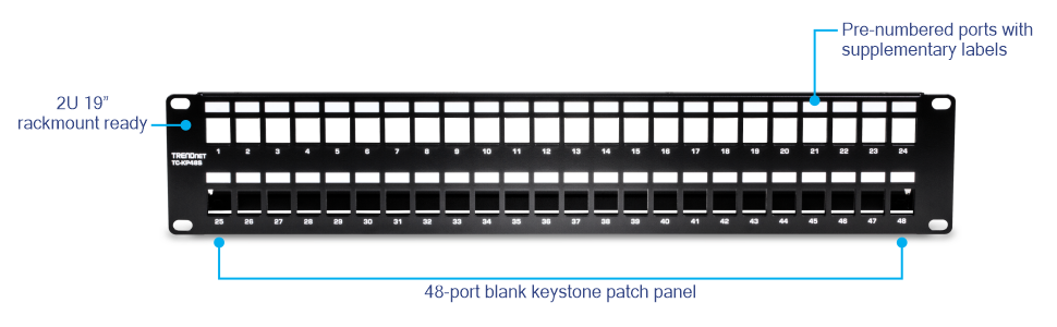 TRENDnet TC-KP48S 48-Port Blank Keystone Shielded 2U HD Patch Panel. This patch panel is designed for a 19-inch rackmount and is 2U in height. It features 48 blank keystone ports that allow for customization with various types of keystone jacks. The panel includes pre-numbered ports and supplementary labels for easy identification and organization. The shielded design helps protect against EMI/RFI noise, making it suitable for managing and organizing network cables in data centers or network closets.