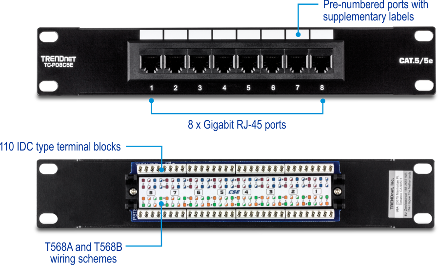 The TRENDnet TC-P08C5E 8-Port Cat. 5e Unshielded Patch Panel is designed for network cabling and is well-suited for home and small business applications. It features eight Gigabit RJ-45 Ethernet ports, color-coded labeling for easy identification, and 110 IDC terminal blocks for secure connections. The 10-inch wide patch panel includes cable management holders and ties to help control cable clutter. It supports Category 5e cabling and is certified for 100 MHz connections.