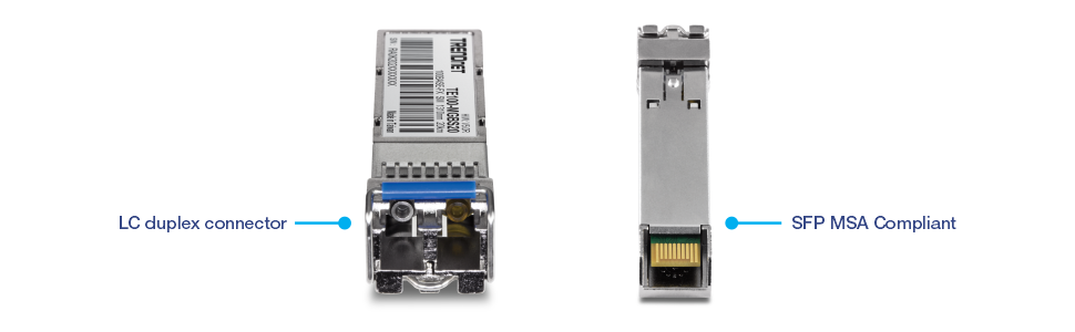 Two views of a TE100-MGBS20 100Base-FX SFP Single-Mode LC Module. The left side shows the front of the module, featuring an LC duplex connector for fiber optic connections. The right side indicates the module's compliance with SFP MSA standards, crucial for network professionals using fiber optic cables to connect devices over long distances.